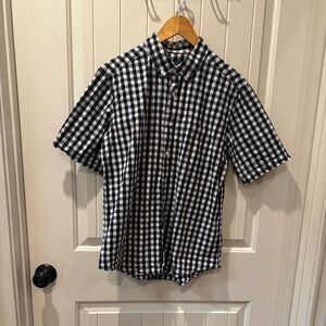 George Men's Medium M Navy Blue Gingham Plaid Short Sleeve Button Down Shirt